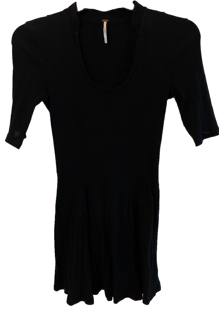 FREE PEOPLE BLACK Dress S Jolene Ribbed Fit Flare Black 1/2 Length Sleeve WOMANS